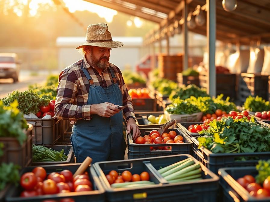 Farmer inspecting crates of fresh produce