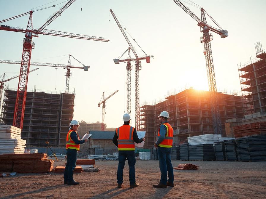 Construction site with engineers reviewing plans