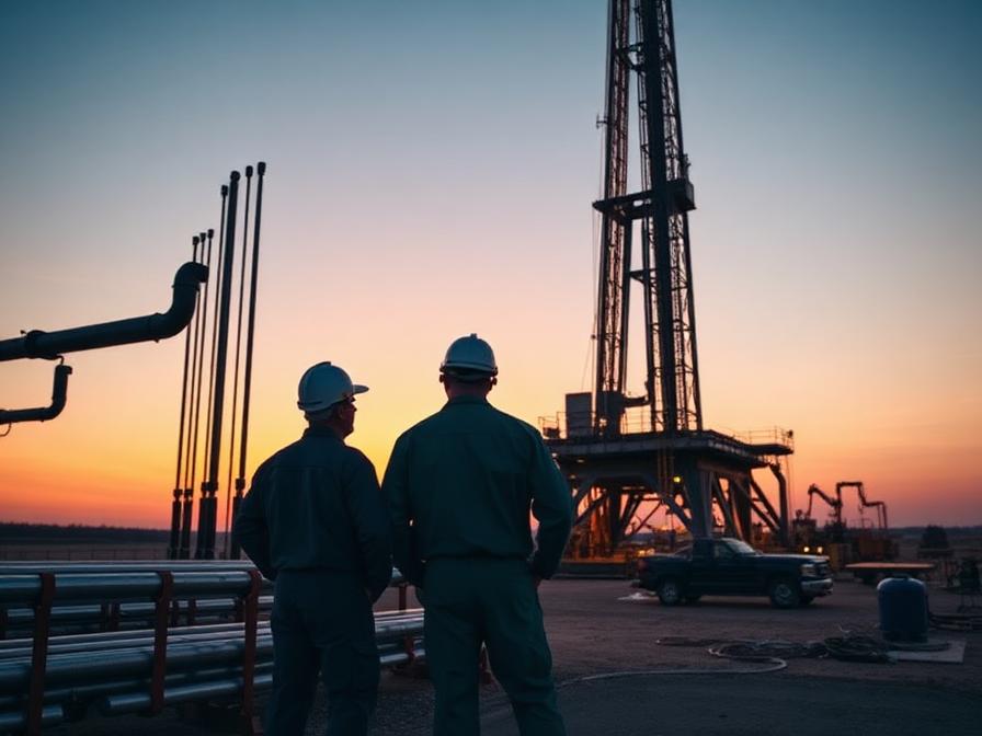 Oil field crew at a drilling rig at dawn