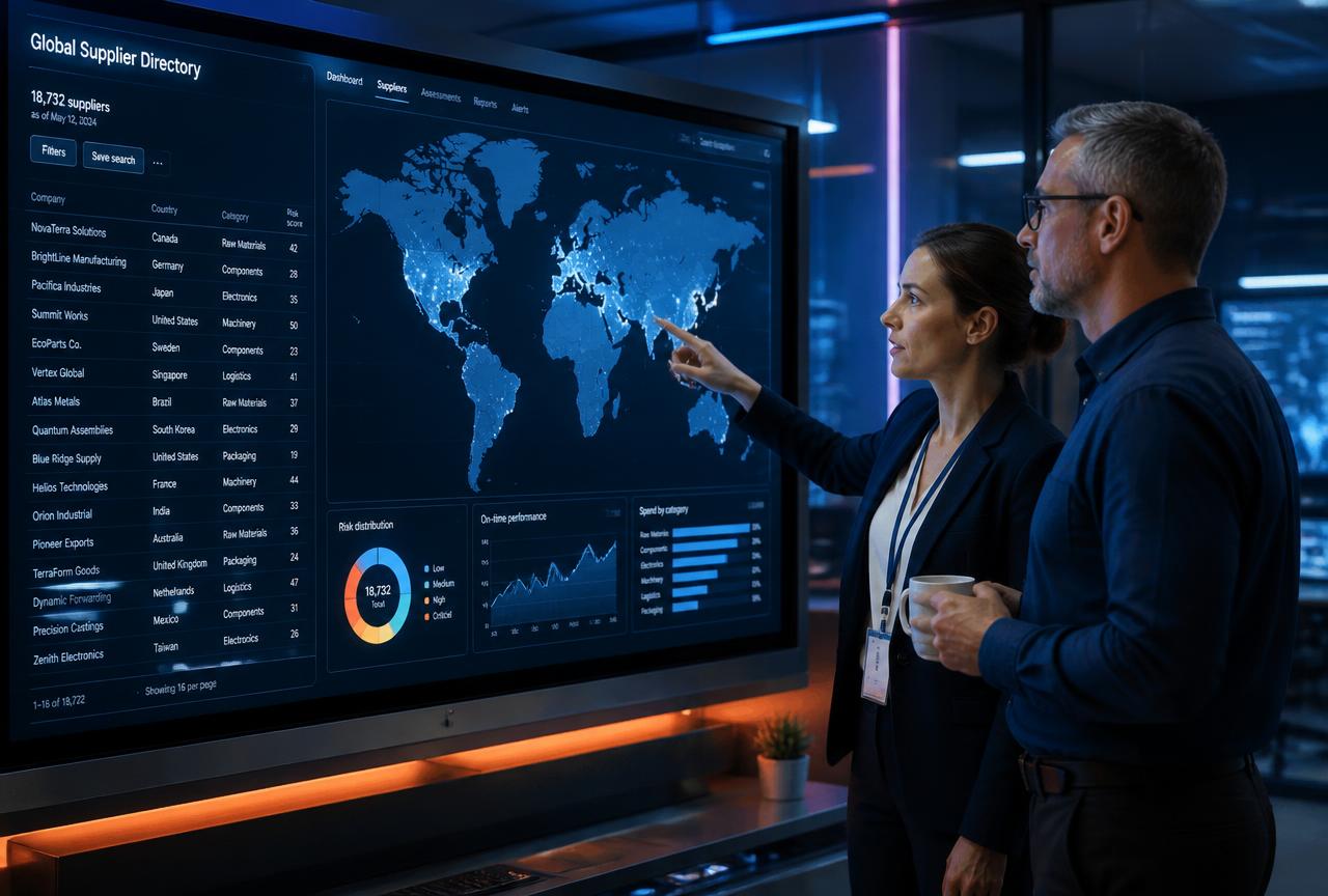 Analysts reviewing worldwide company records on a data wall