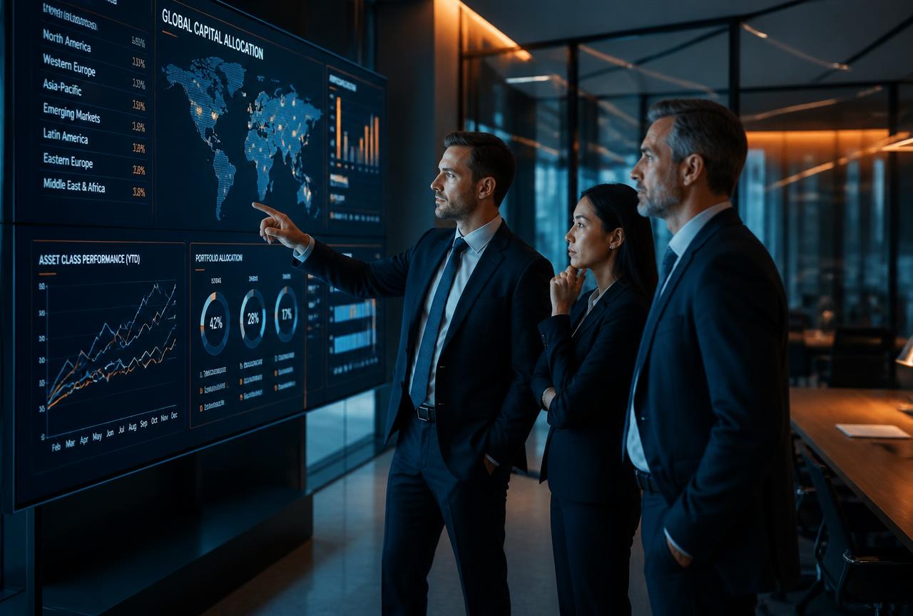 Investment professional reviewing institutional records on screen