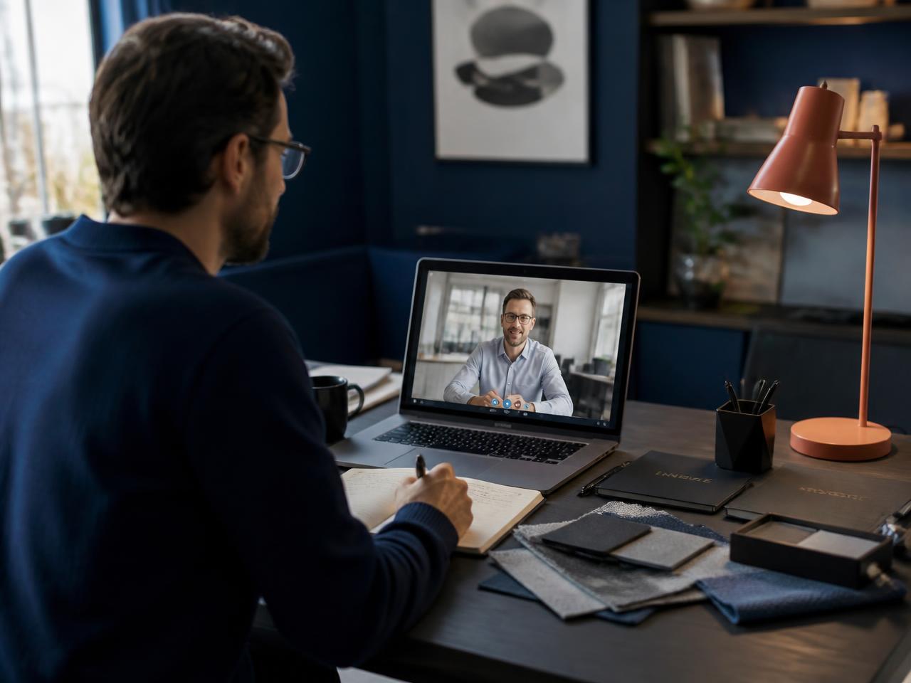 Buyer speaking with a supplier during a video call while reviewing samples