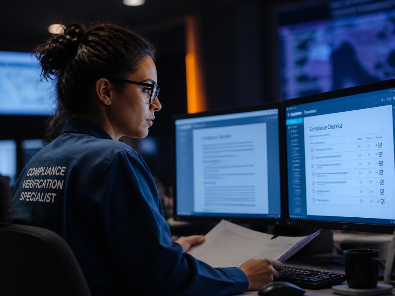 Verification specialist reviewing company compliance records on dual screens