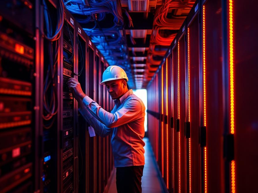 Engineer configuring fibre network racks